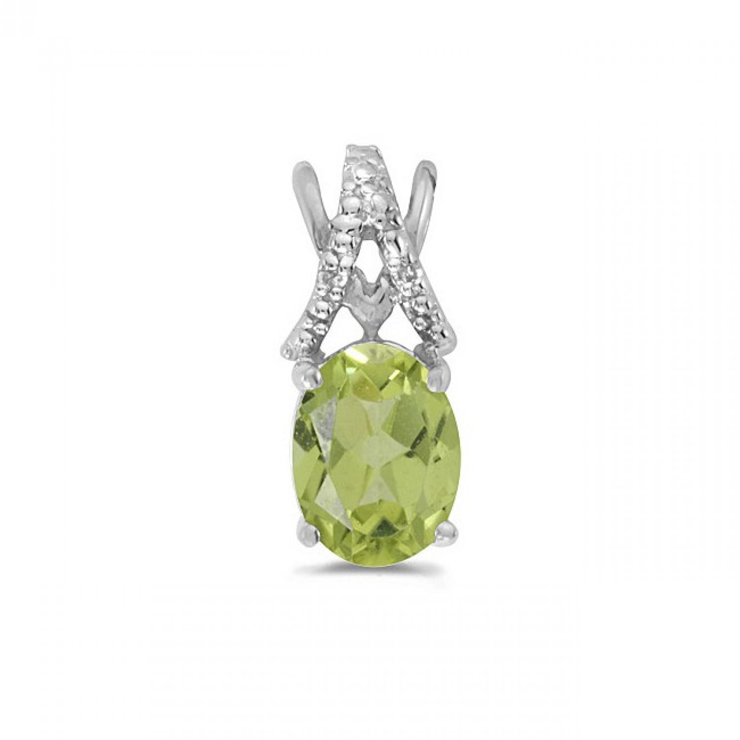 10K White Gold Oval Peridot and Diamond Birthstone Pendant