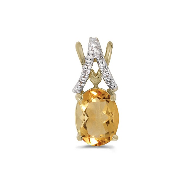 14k Yellow Gold Oval Citrine And Diamond Pendant