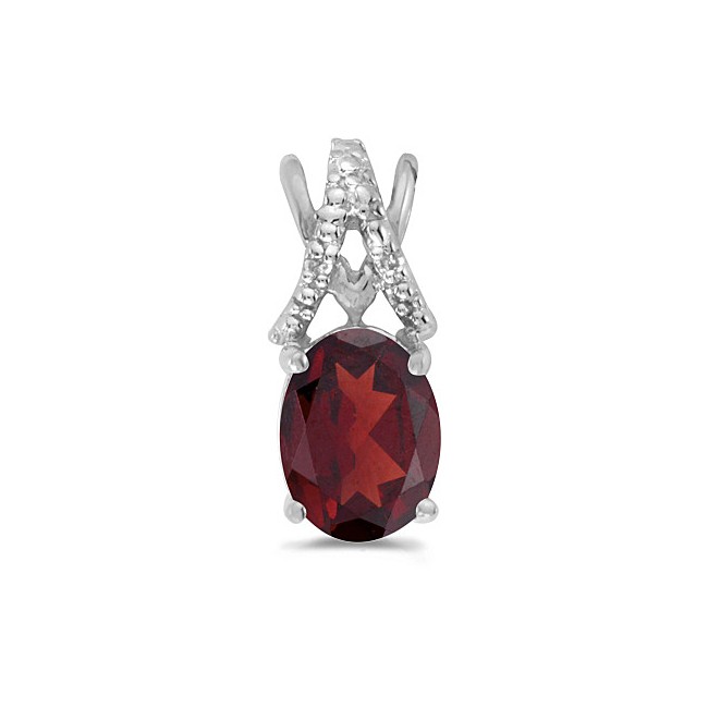 14k White Gold Oval Garnet And Diamond Pendant