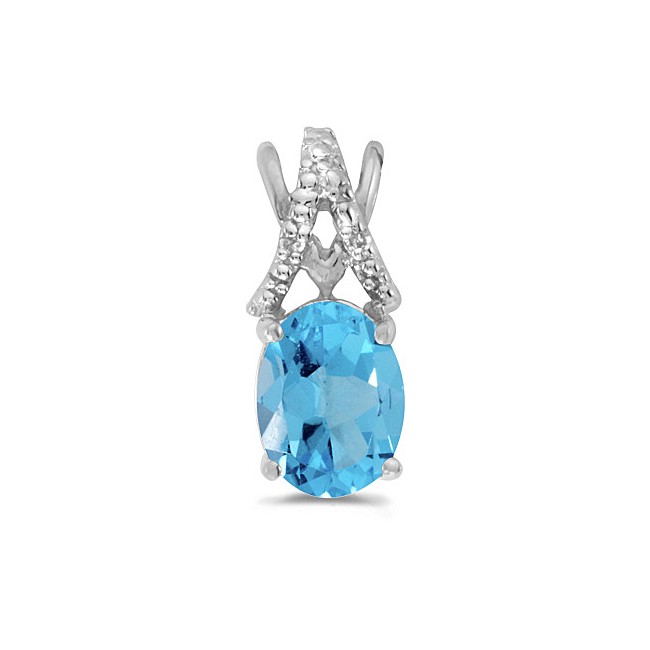 14k White Gold Oval Blue Topaz And Diamond Pendant