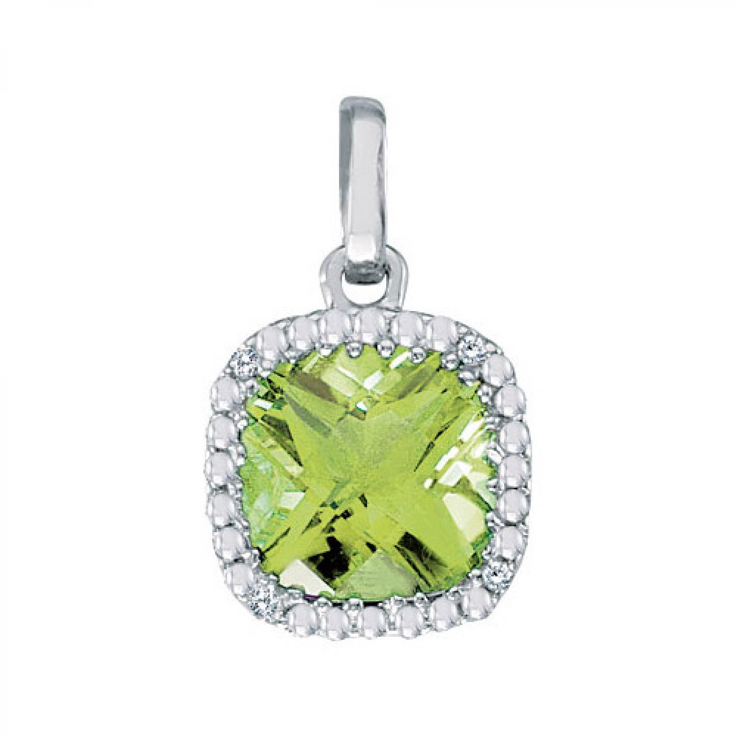 14K White Gold 7mm Cushion Peridot and Diamond Pendant