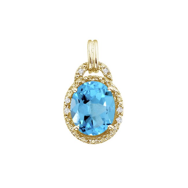 14K Yellow Gold 10x8 Oval Blue Topaz and Diamond Pendant