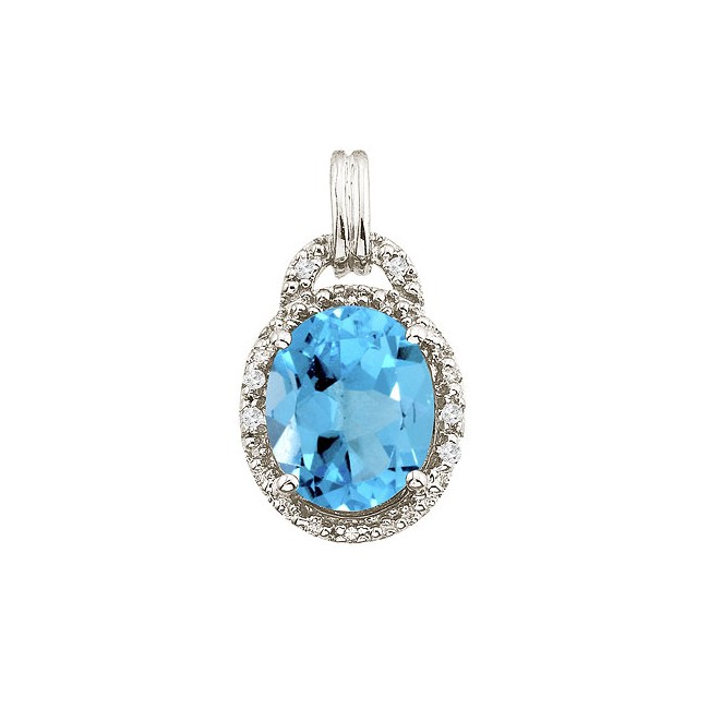 14K White Gold 10x8 Oval Blue Topaz and Diamond Pendant