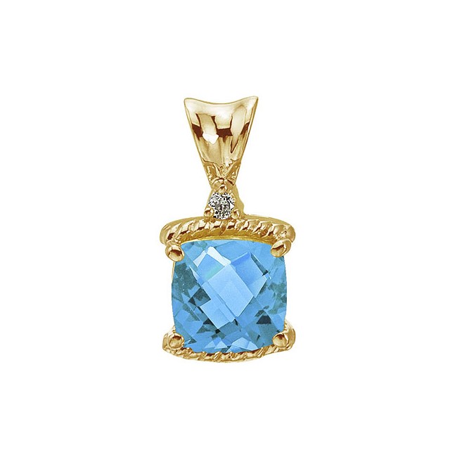 14K Yellow Gold Blue Topaz and Diamond Pendant