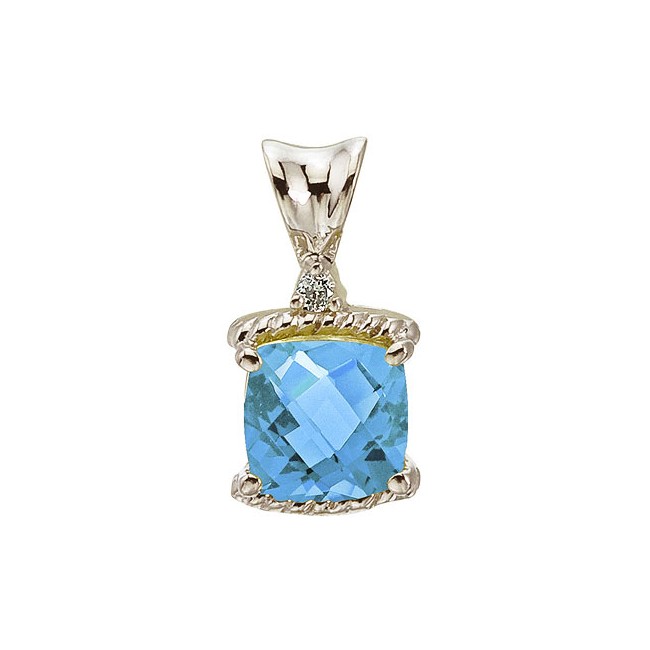 14K White Gold Blue Topaz and Diamond Pendant