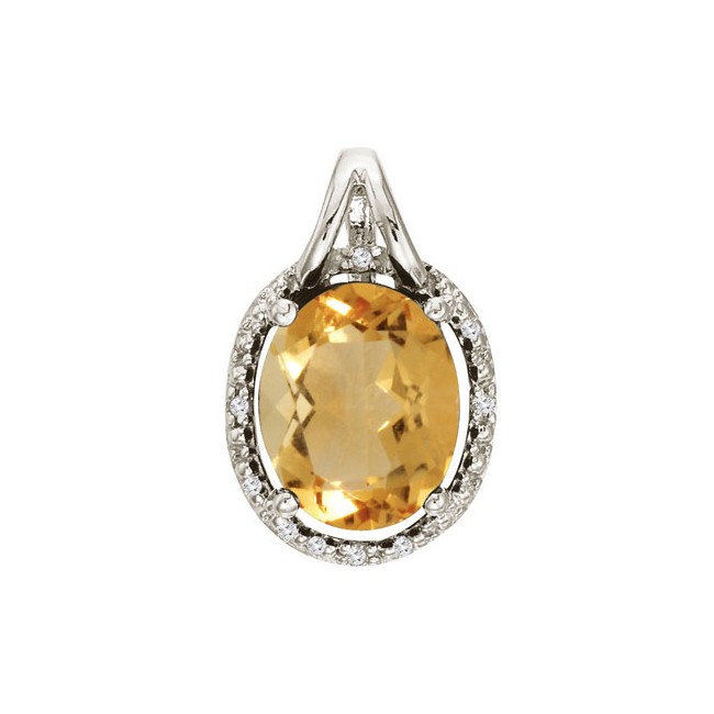 14K White Gold Citrine and Diamond Oval Pendant