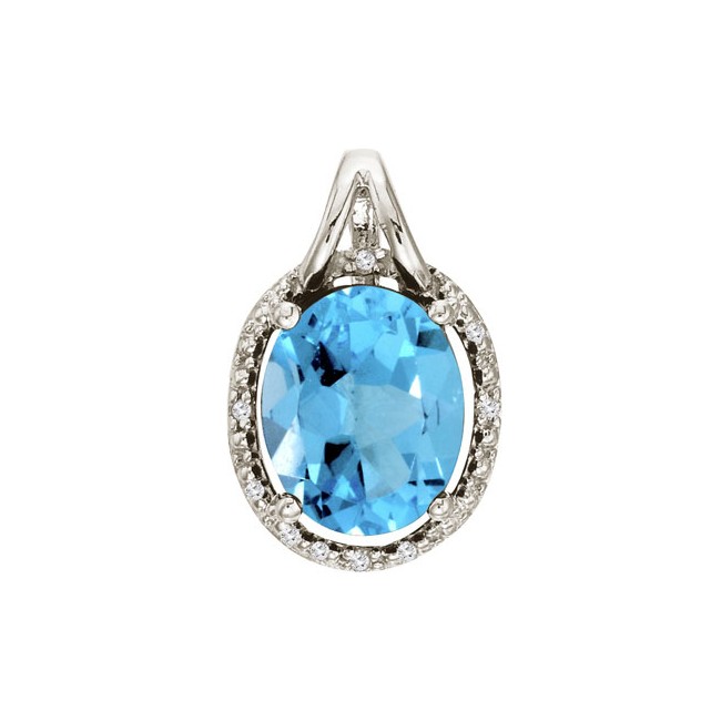 14K White Gold Blue Topaz and Diamond Oval Pendant