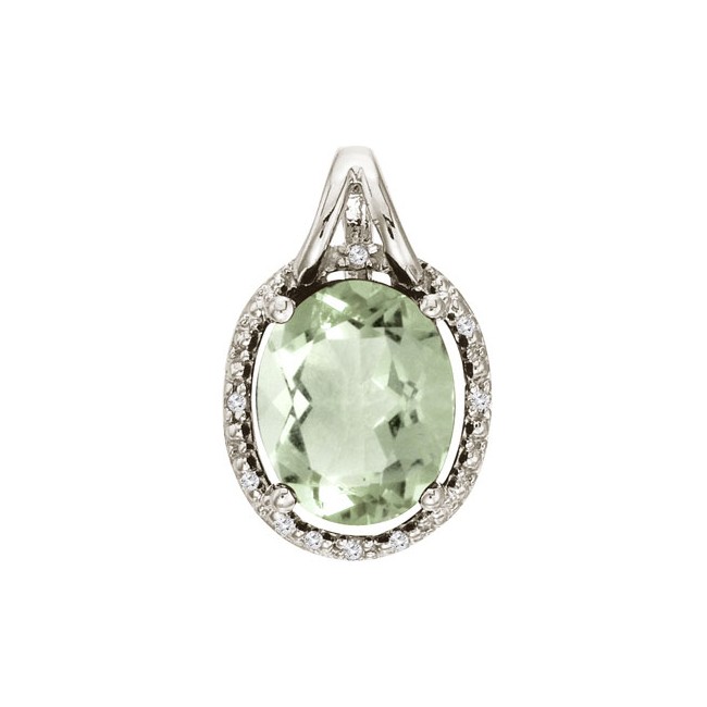 14K White Gold Green Amethyst and Diamond Oval Pendant