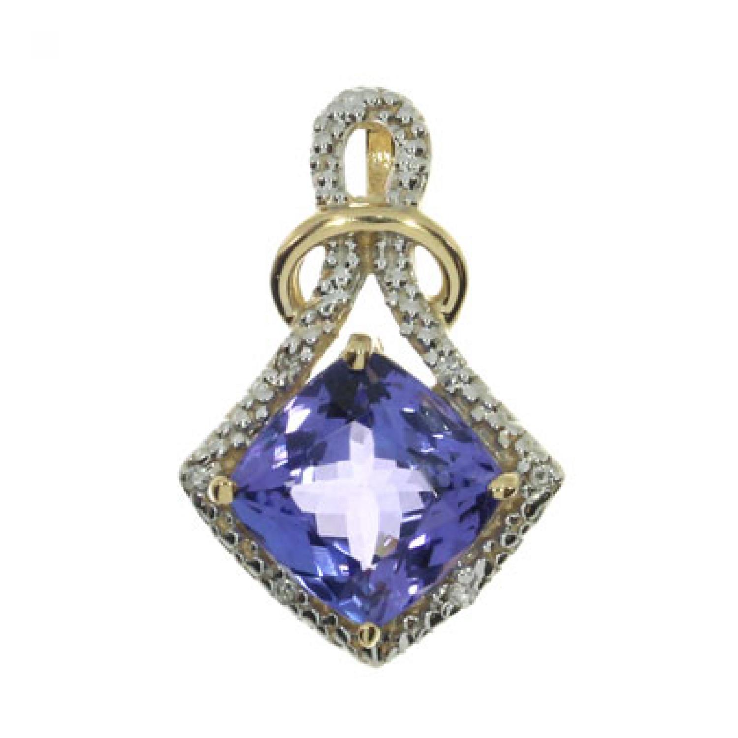 14K Yellow Gold 8mm Cushion Tanzanite and Diamond Pendant