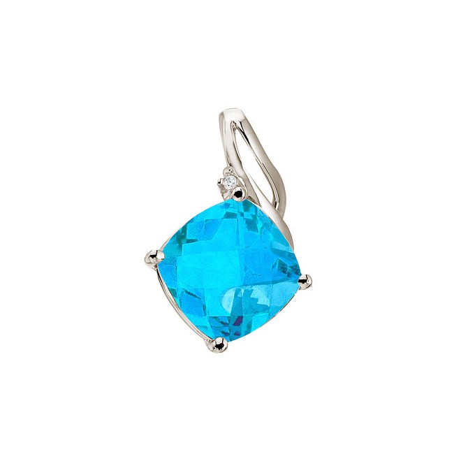 14K White Gold Blue Topaz and Diamond Pendant