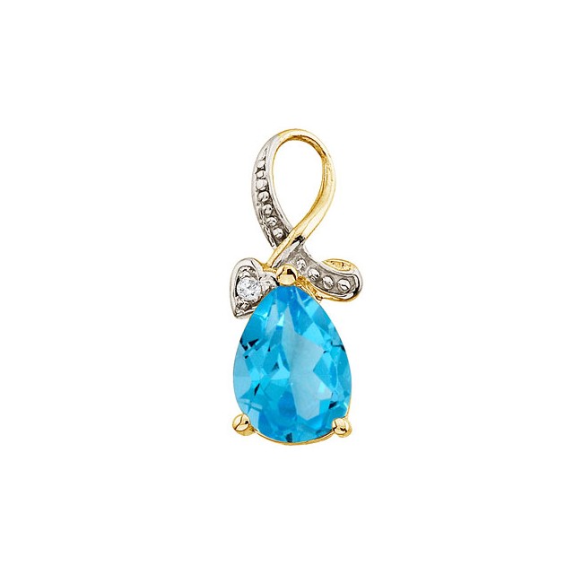 14K Yellow Gold Pear Blue Topaz and Diamond Swirl Pendant