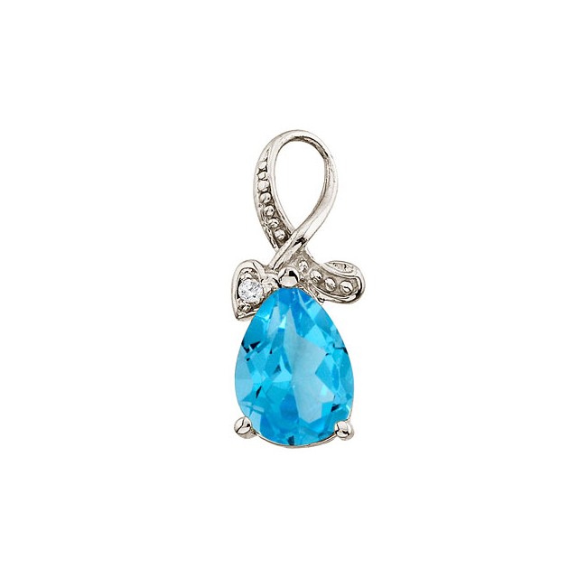 14K White Gold Pear Blue Topaz and Diamond Swirl Pendant