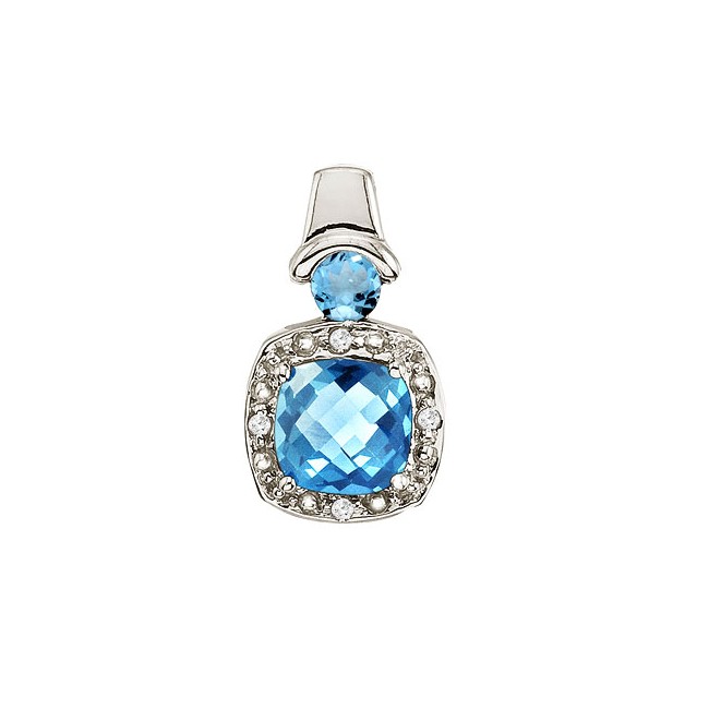 14K White Gold Blue Topaz and Diamond Pendant