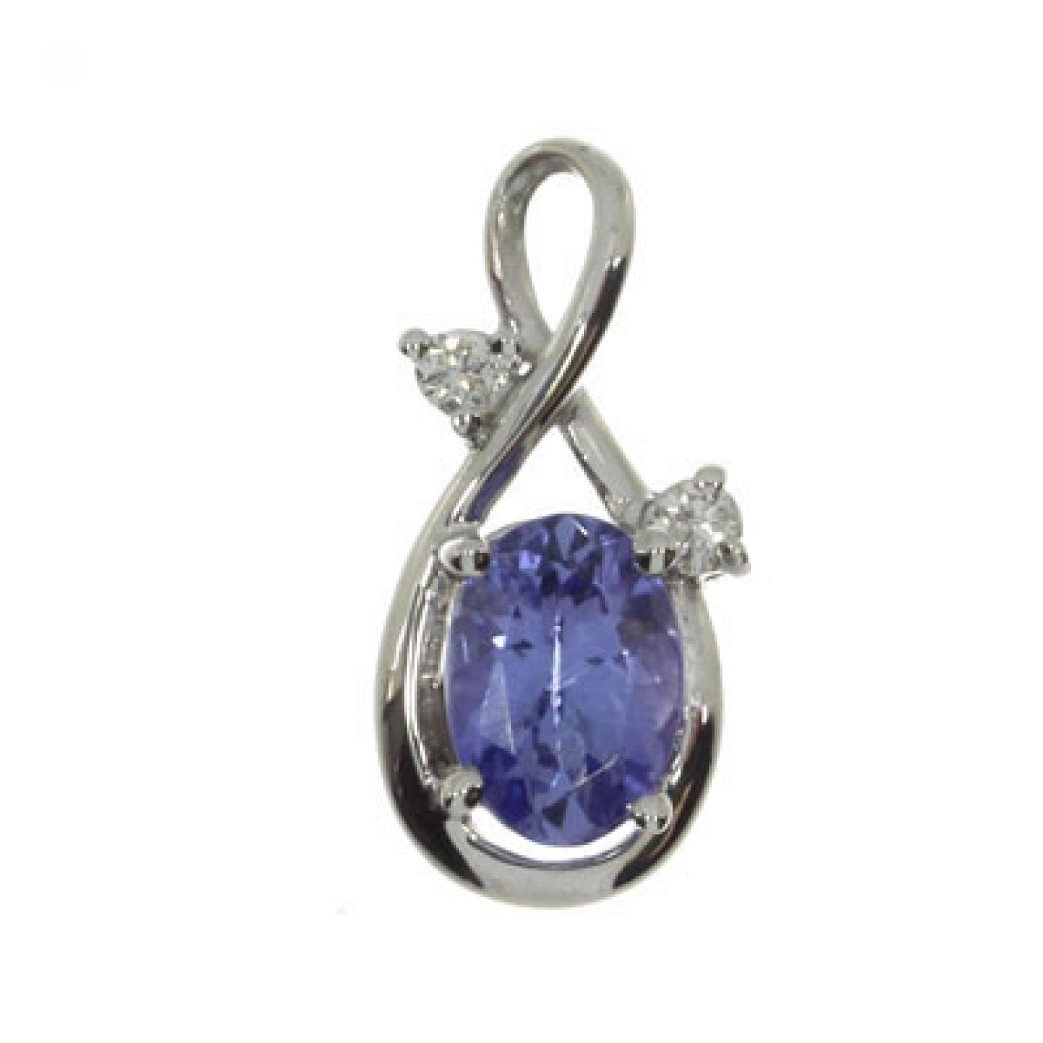 14K White Gold 7x5 Oval Tanzanite and Diamond Swirl Pendant