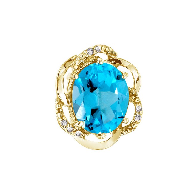 14K Yellow Gold 11x9 Oval Blue Topaz and Diamond Swirl Pendant