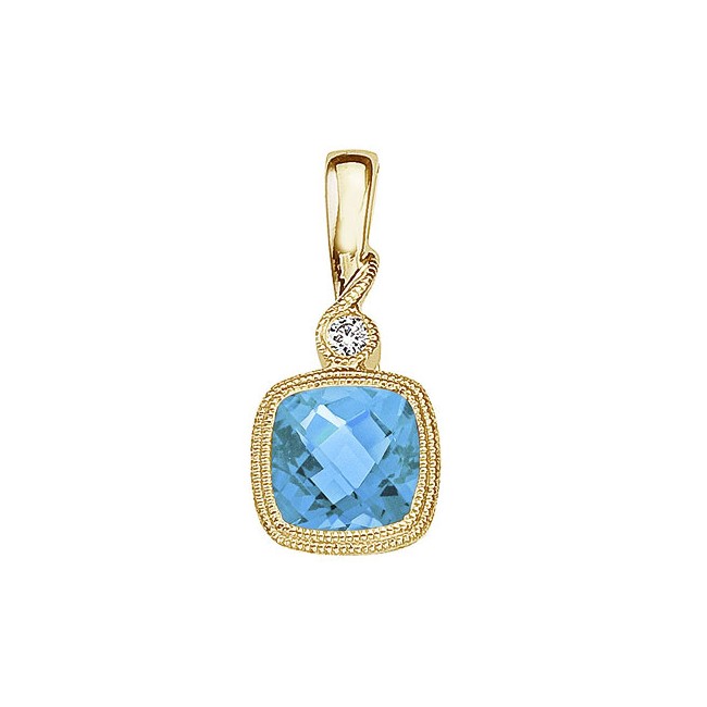 14K Yellow Gold Blue Topaz and Diamond Pendant