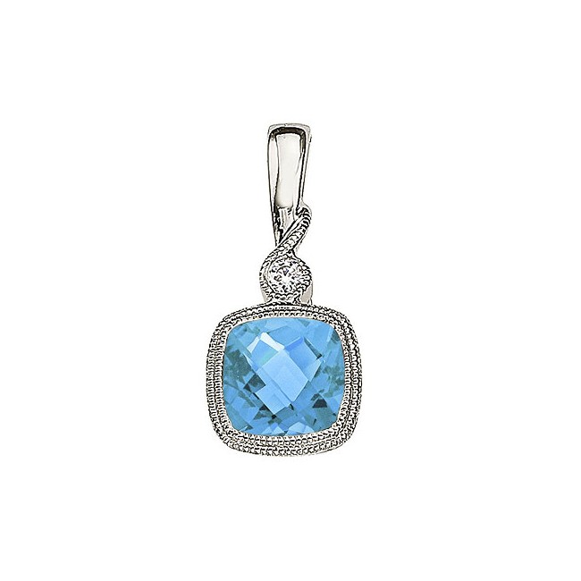 14K White Gold Blue Topaz and Diamond Pendant