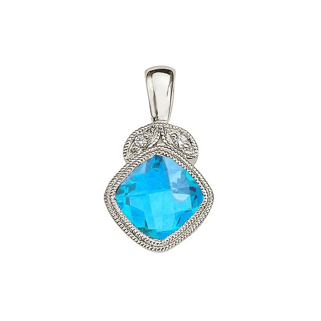 14K White Gold Blue Topaz and Diamond Pendant