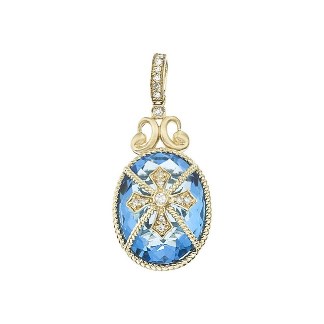 14K Yellow Gold 15x12 mm Oval Blue Topaz Crown Byzantine Pendant