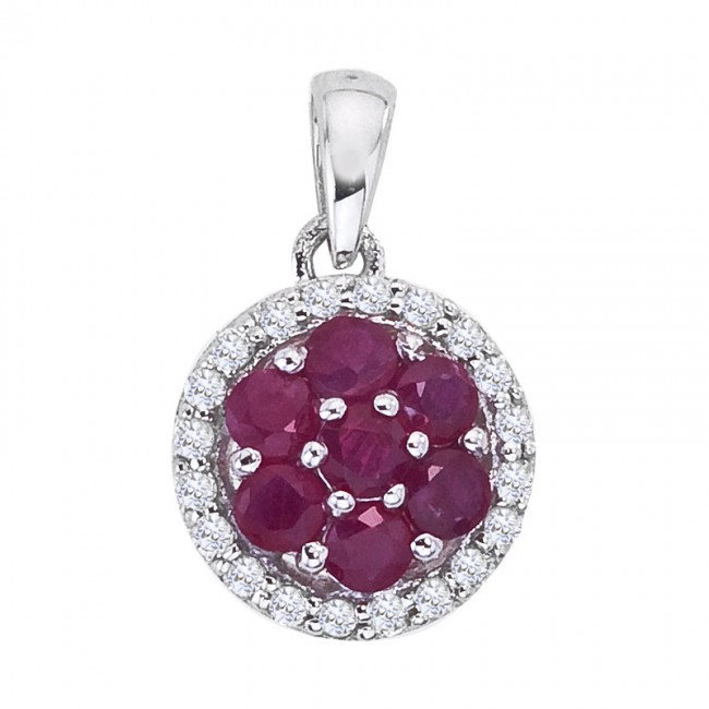 14K White Gold Diamond and Ruby Precious Cluster Pendant