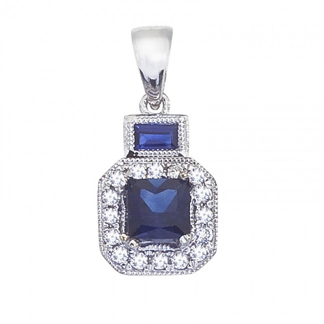 14K White Gold Precious Princess Sapphire and Diamond Square Pendant