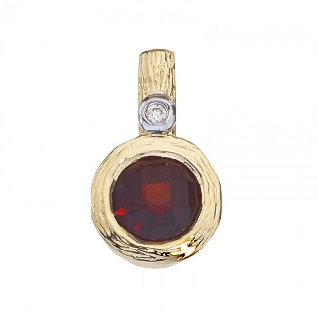 14K Yellow Brushed Gold 8 mm Round Garnet Bezel Set Pendant