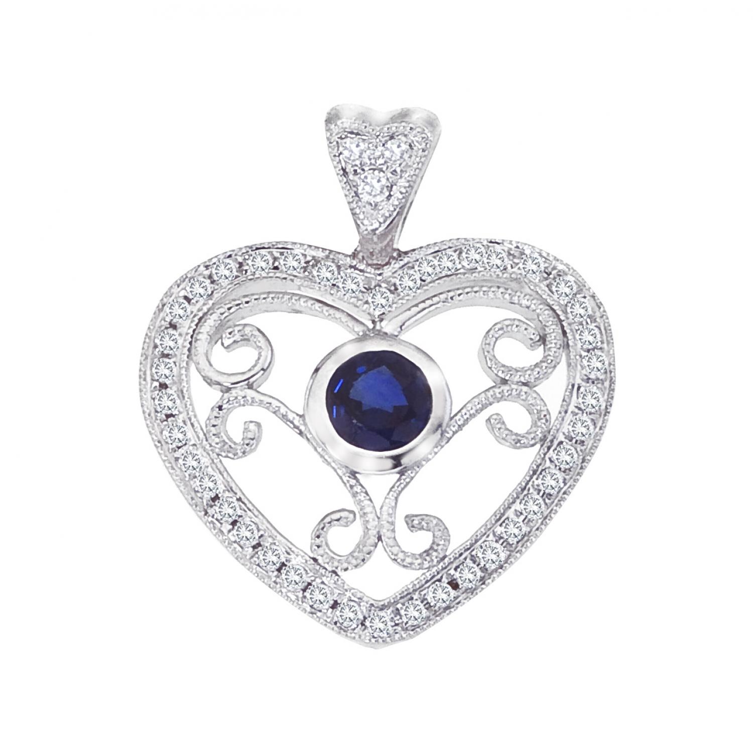 14K White Gold Precious 3.5 mm Round Sapphire and Diamond Filigree Heart Fashion