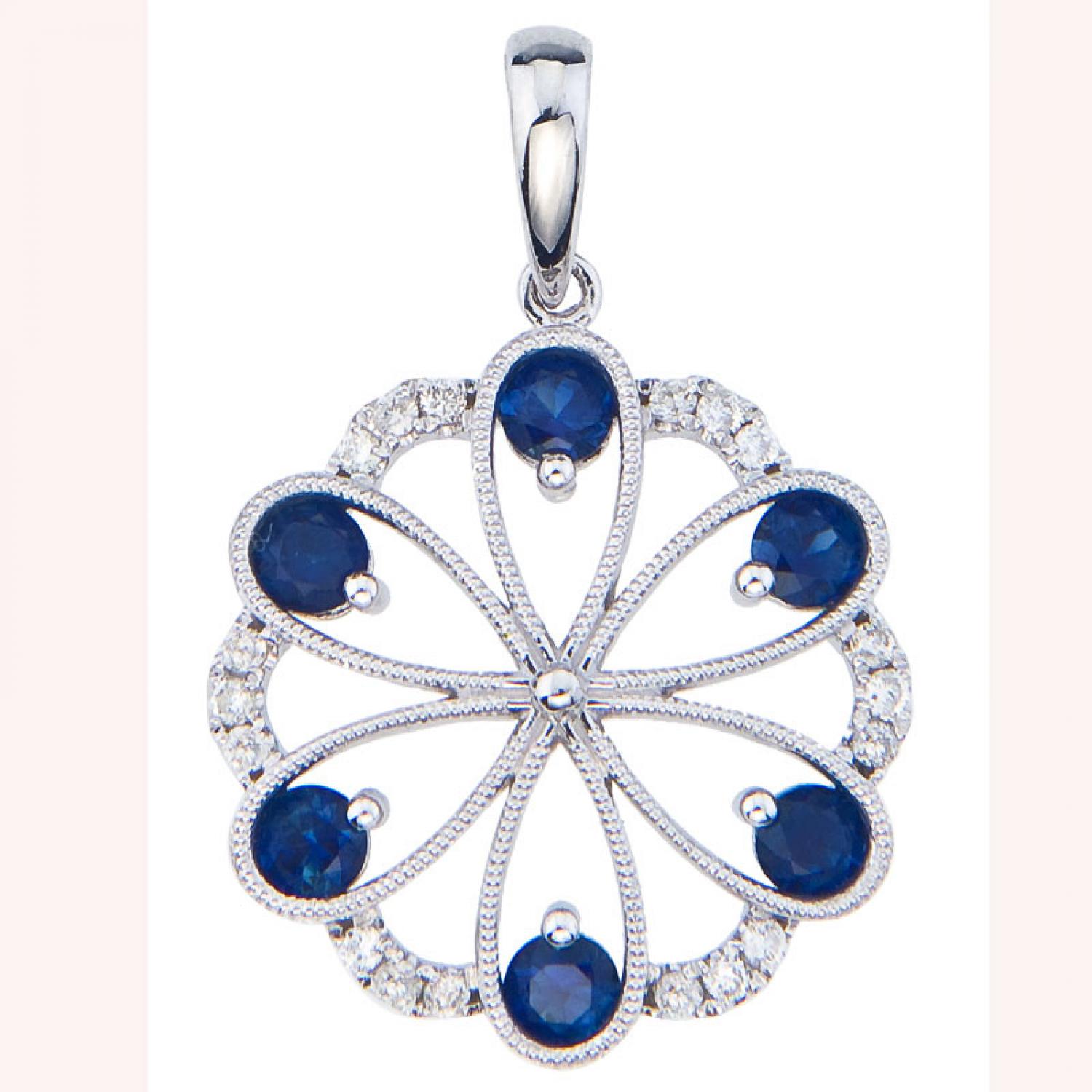 14K White Gold Precious Sapphire and Diamond Round Flower Fashion Pendant