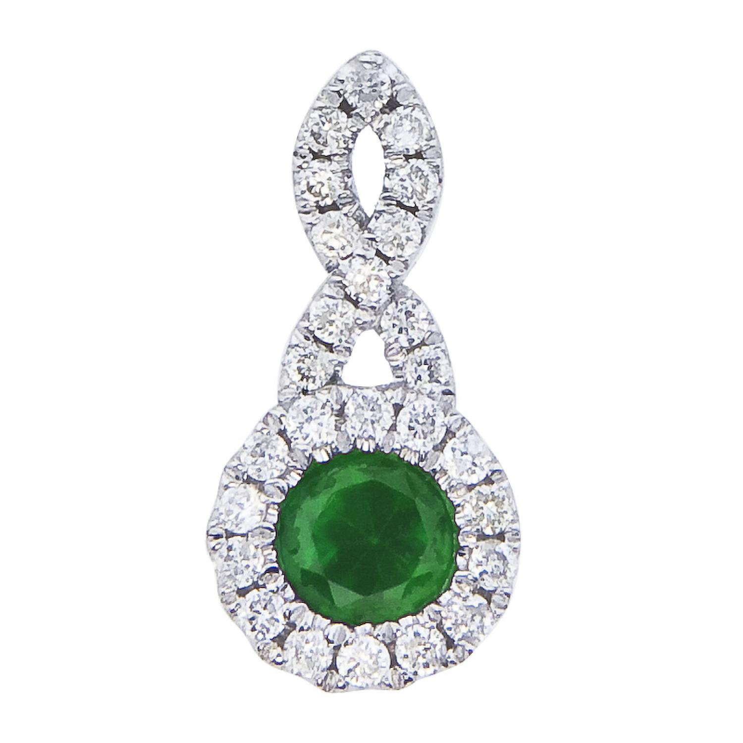 14K White Gold 4mm Round Precious Emerald and Diamond Swirl Pendant