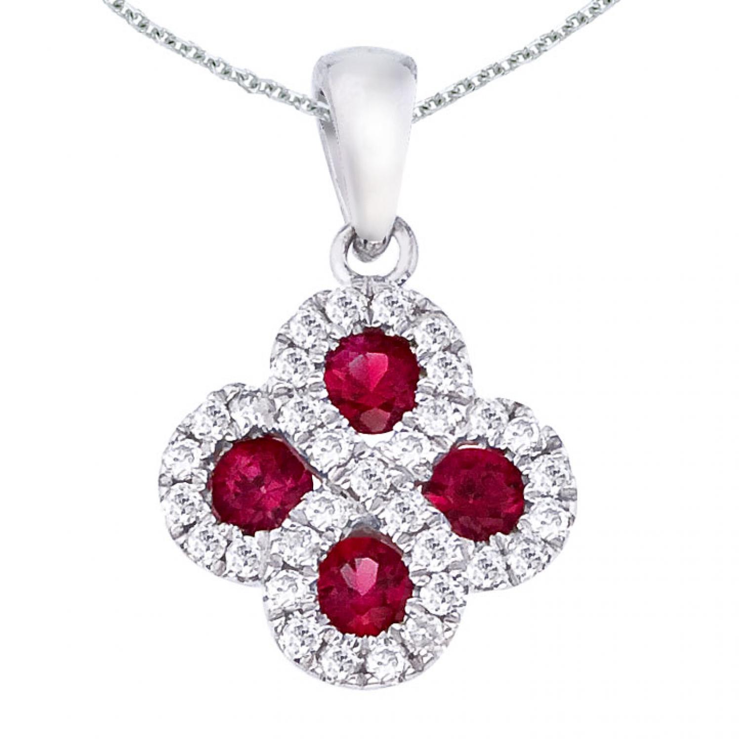 14K White Gold Precious Round Ruby and Diamond Clover Fashion Pendant