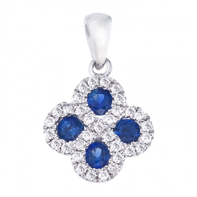 14K White Gold Precious Round Sapphire and Diamond Clover Fashion Pendant