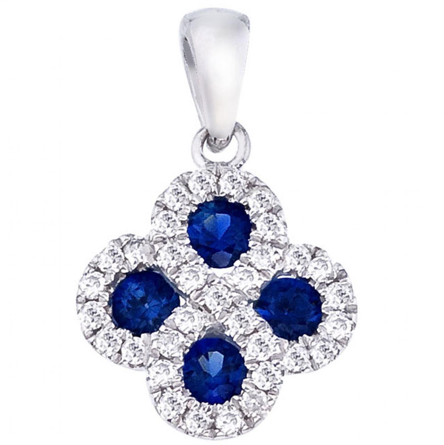 14K White Gold Precious Round Sapphire and Diamond Clover Fashion Pendant