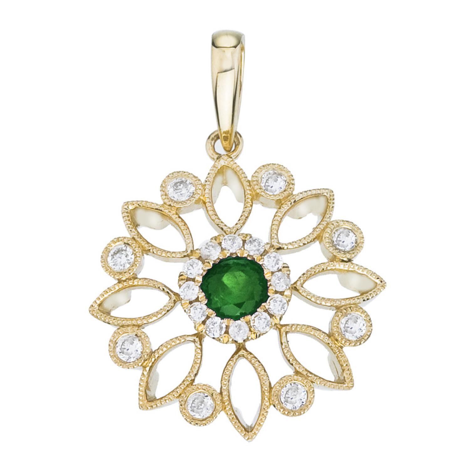 14K Yellow Gold 4mm Emerald and Diamond Filigree Fashion Pendant