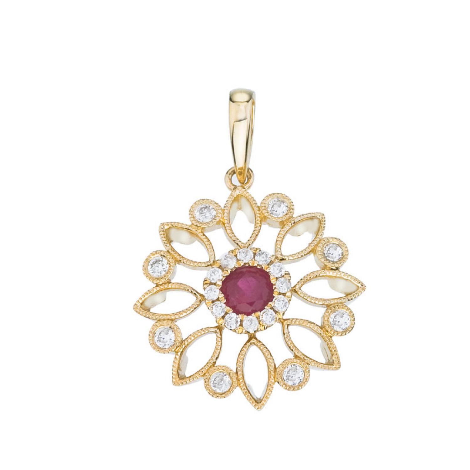 14K Yellow Gold Precious 4mm Round Ruby and Diamond Filigree Fashion Pendant