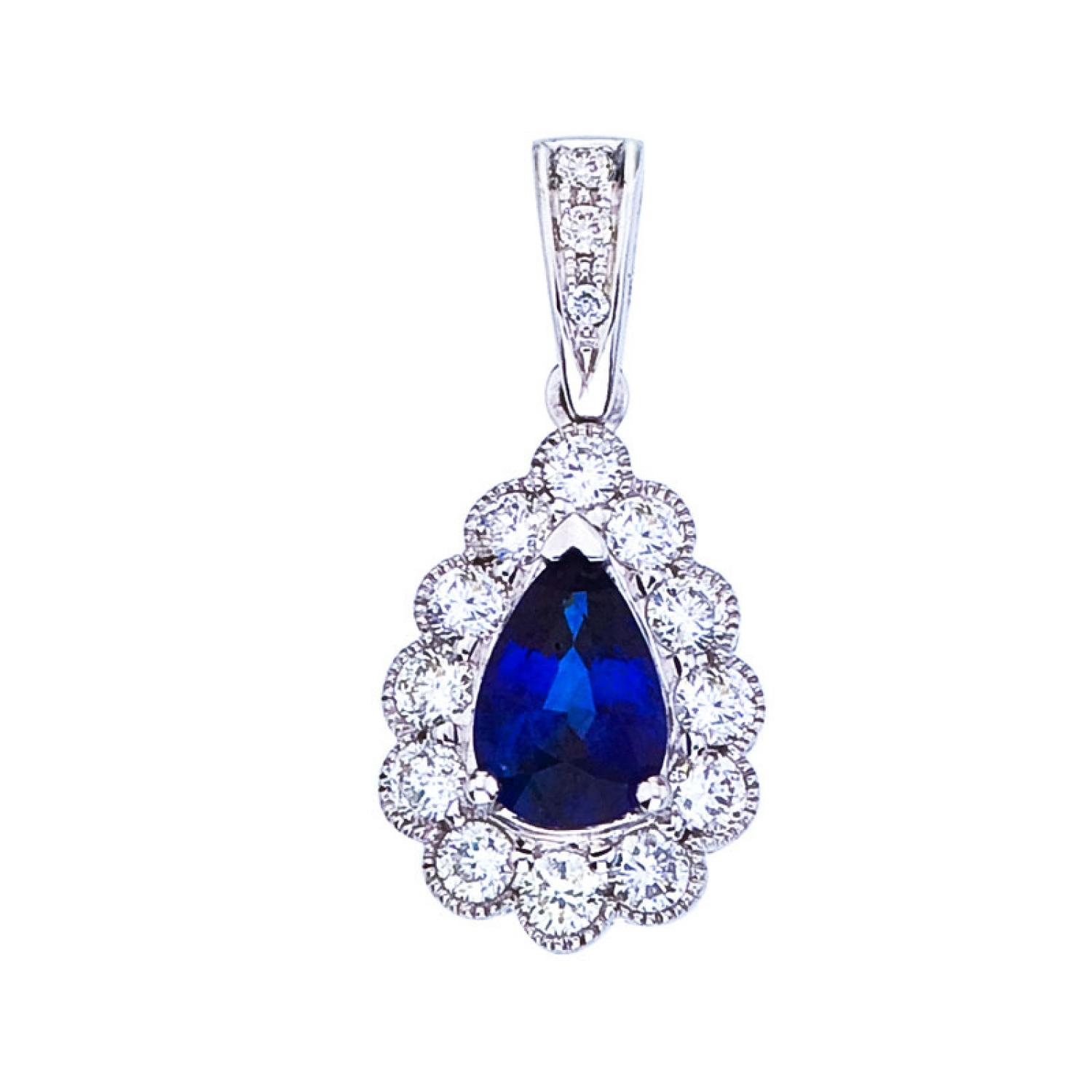 14K White Gold Pear Shape Precious Sapphire and Diamond Pendant