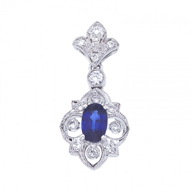 14K White Gold Precious Oval Sapphire and Diamond Fleur De Lis Drop Pendant