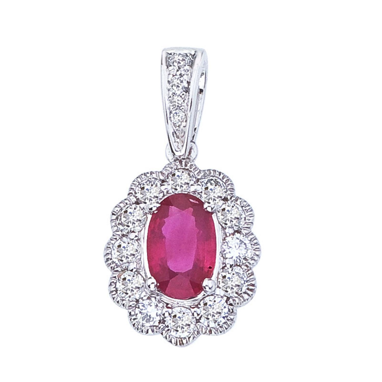 14K White Gold Precious Oval Ruby and Diamond Pendant