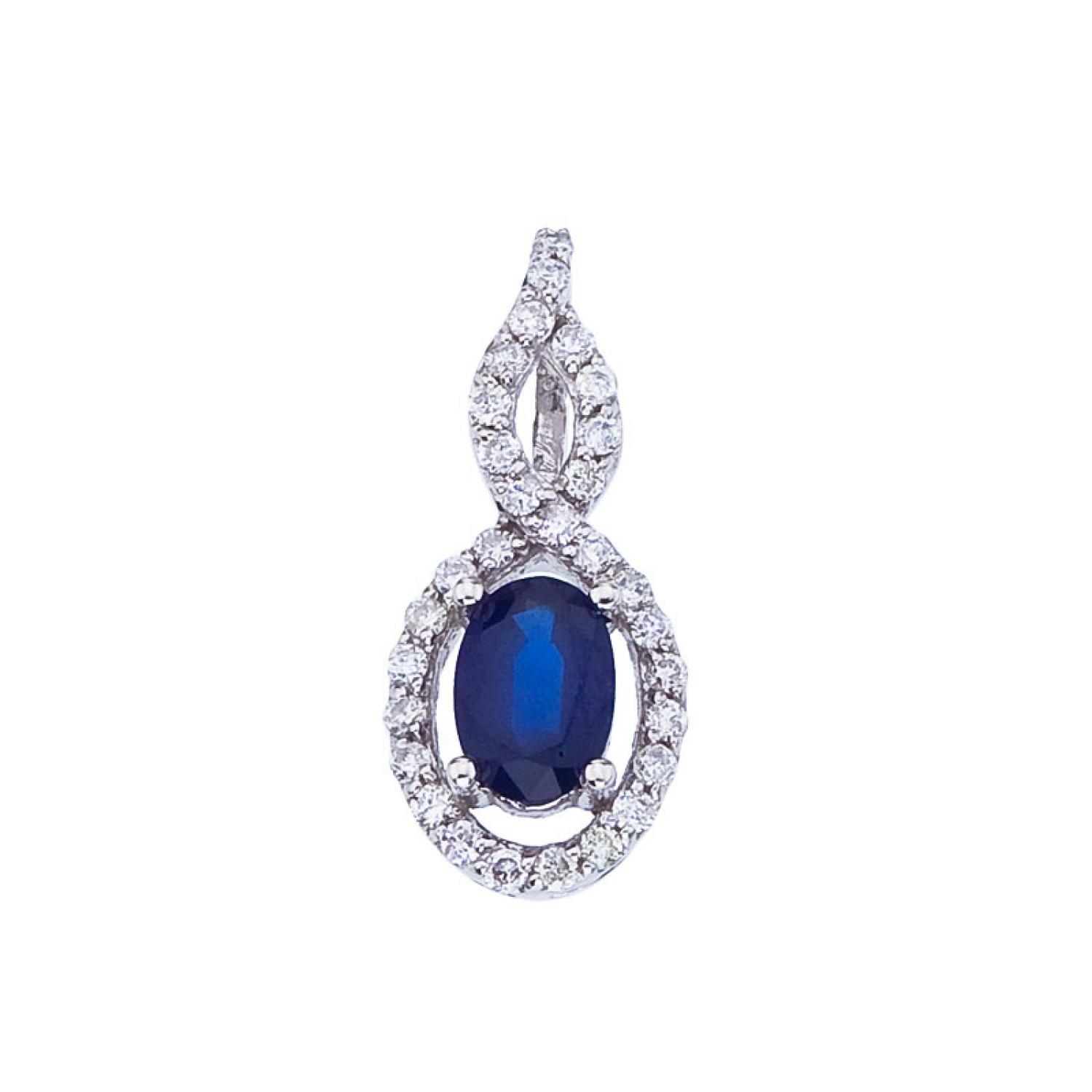 14K White Gold Precious Oval Sapphire and Diamond Pendant