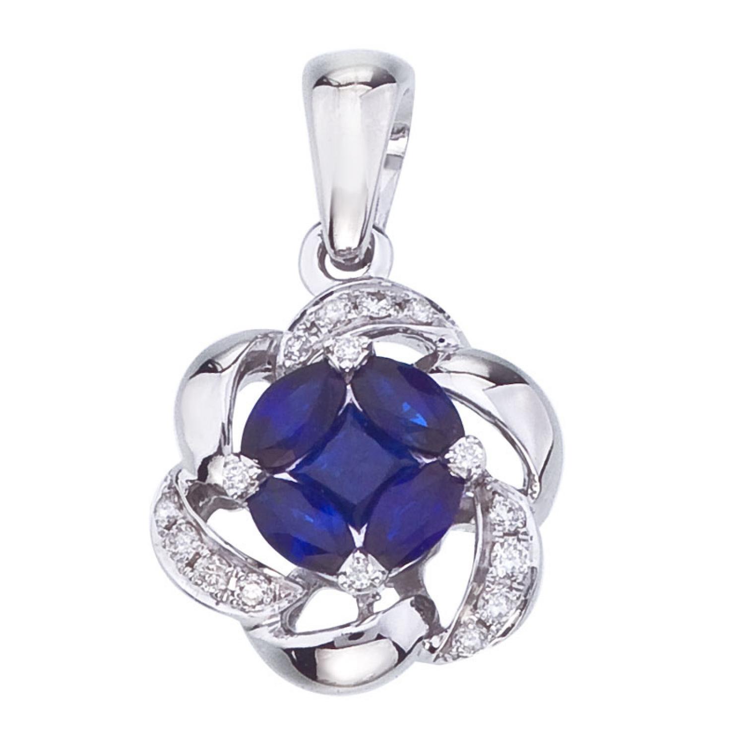 14K White Gold Marquise Sapphire and Diamond Precious Flower Fashion Pendant