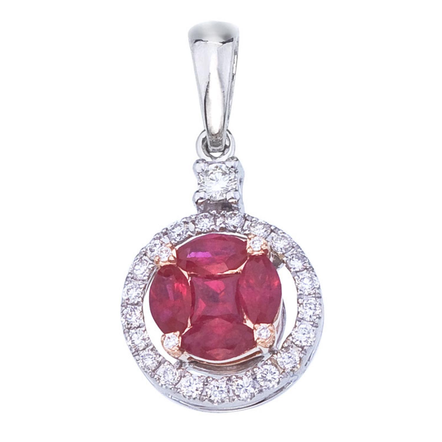 14K White Gold Precious Marquise Ruby and Princess Diamond Round Fashion Pendant