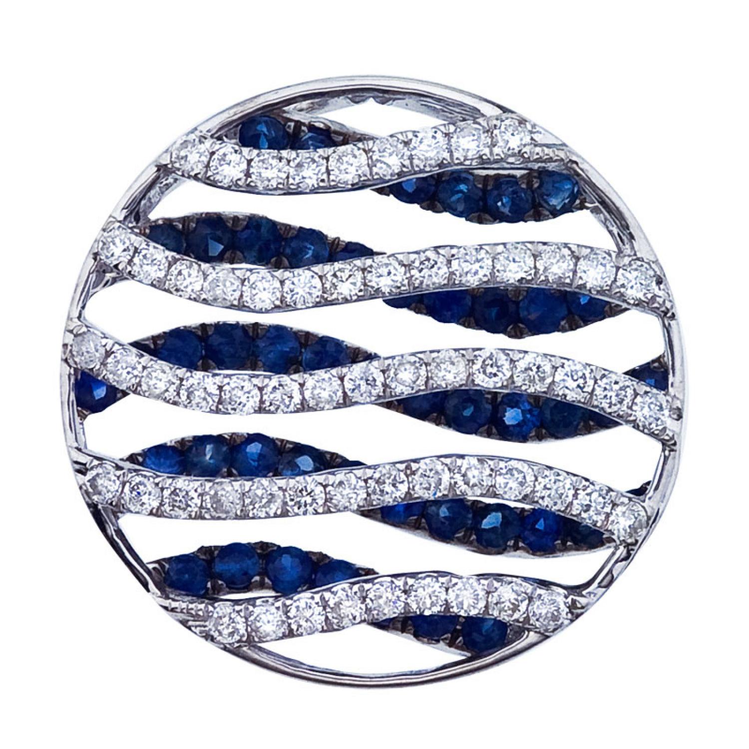 14K White Gold Sapphire and Diamond Round Precious Cage Pendant