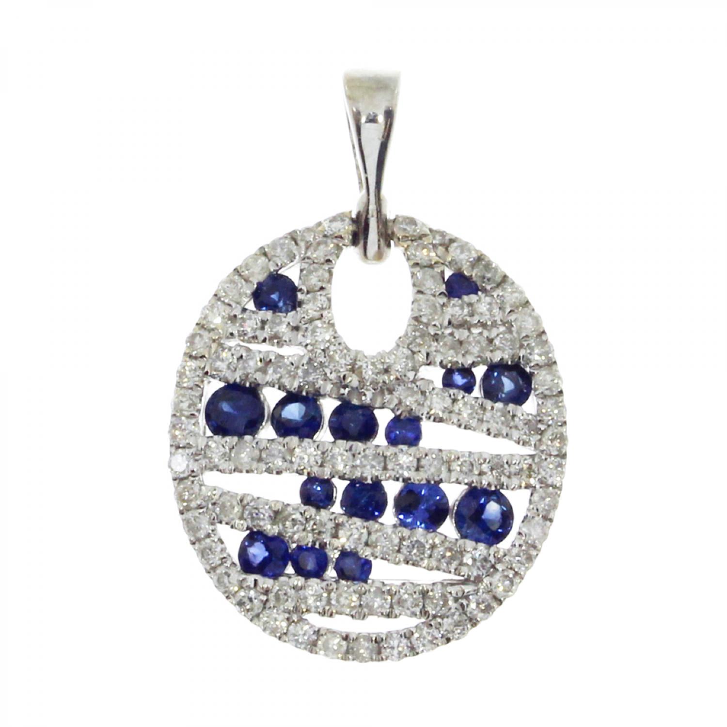 14K White Gold Round Sapphire and Diamond Fashion Disc Pendant