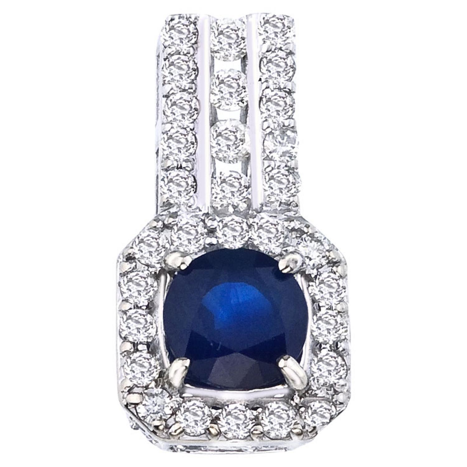 14K White Gold Precious .90 Ct Round Sapphire and Diamond Square Fashion Pendant