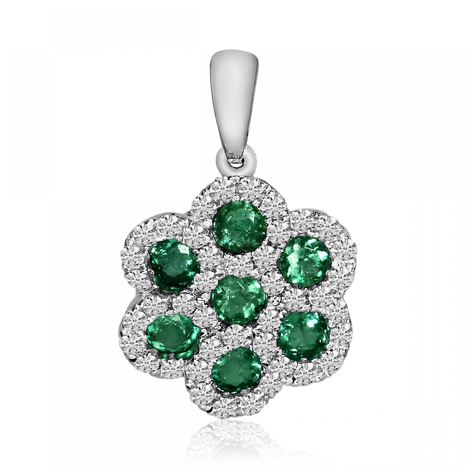 14k White Gold Precious Emerald Round Flower Fashion Pendant