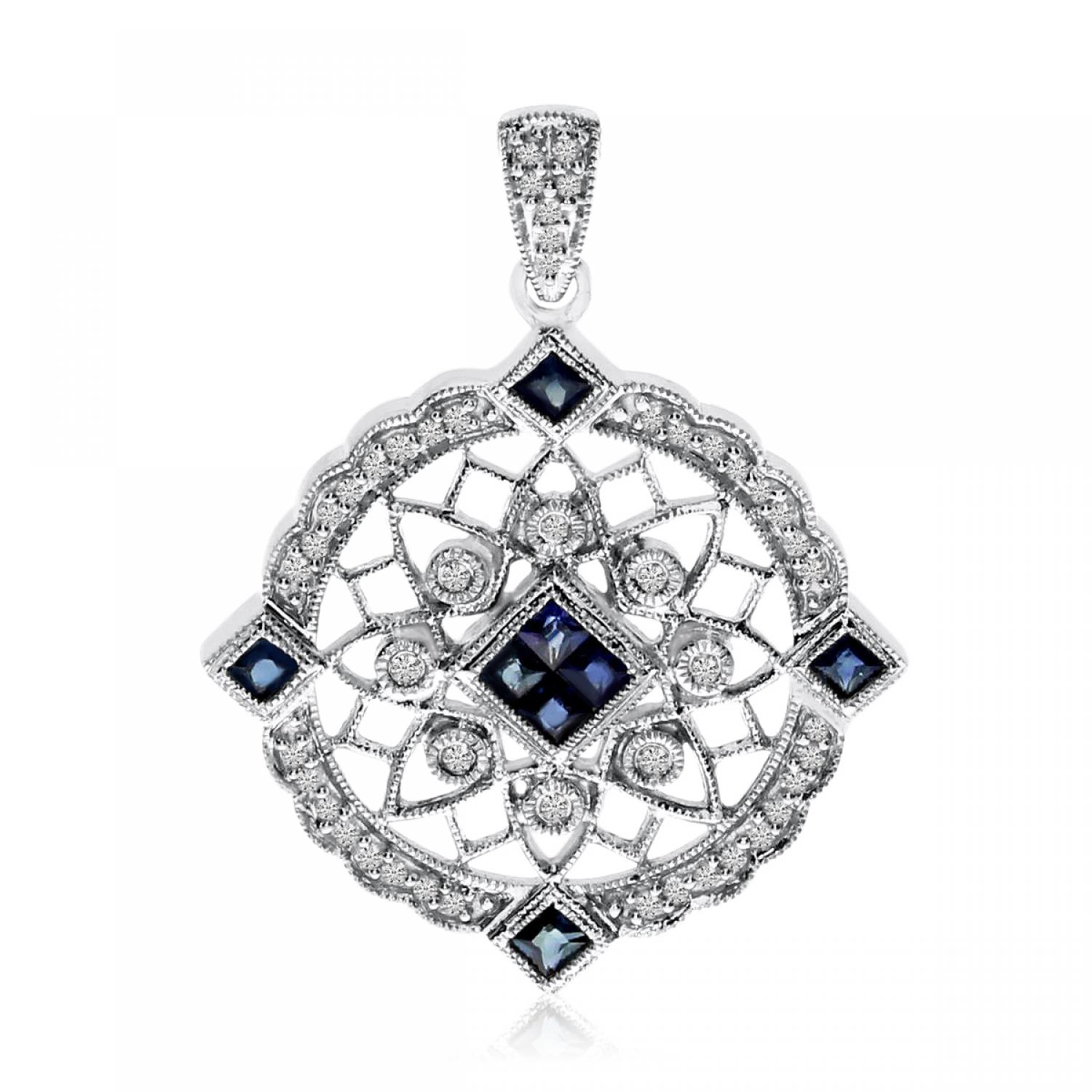 14K White Gold Precious Princess Sapphire and Diamond Antique Filigree Pendant
