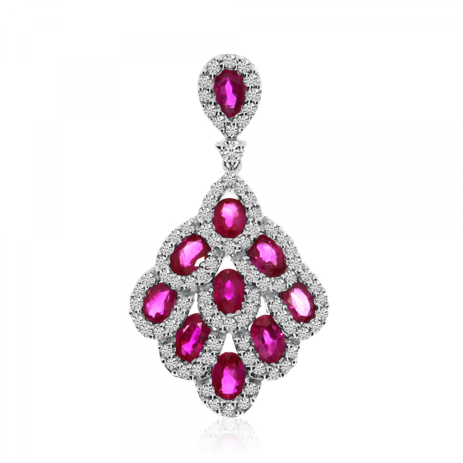 14K White Gold Cascading Precious Rubies and Diamond flower Pendant