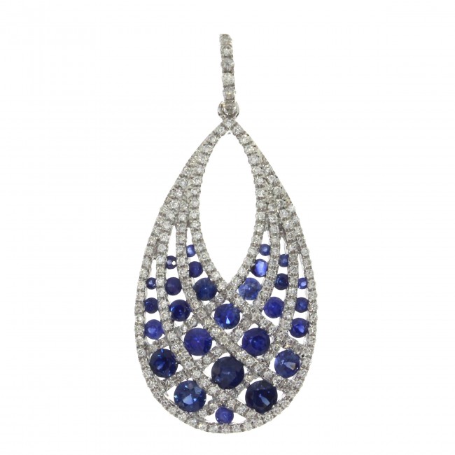 14K White Gold Round Sapphire and Diamond Precious Drop Pendant