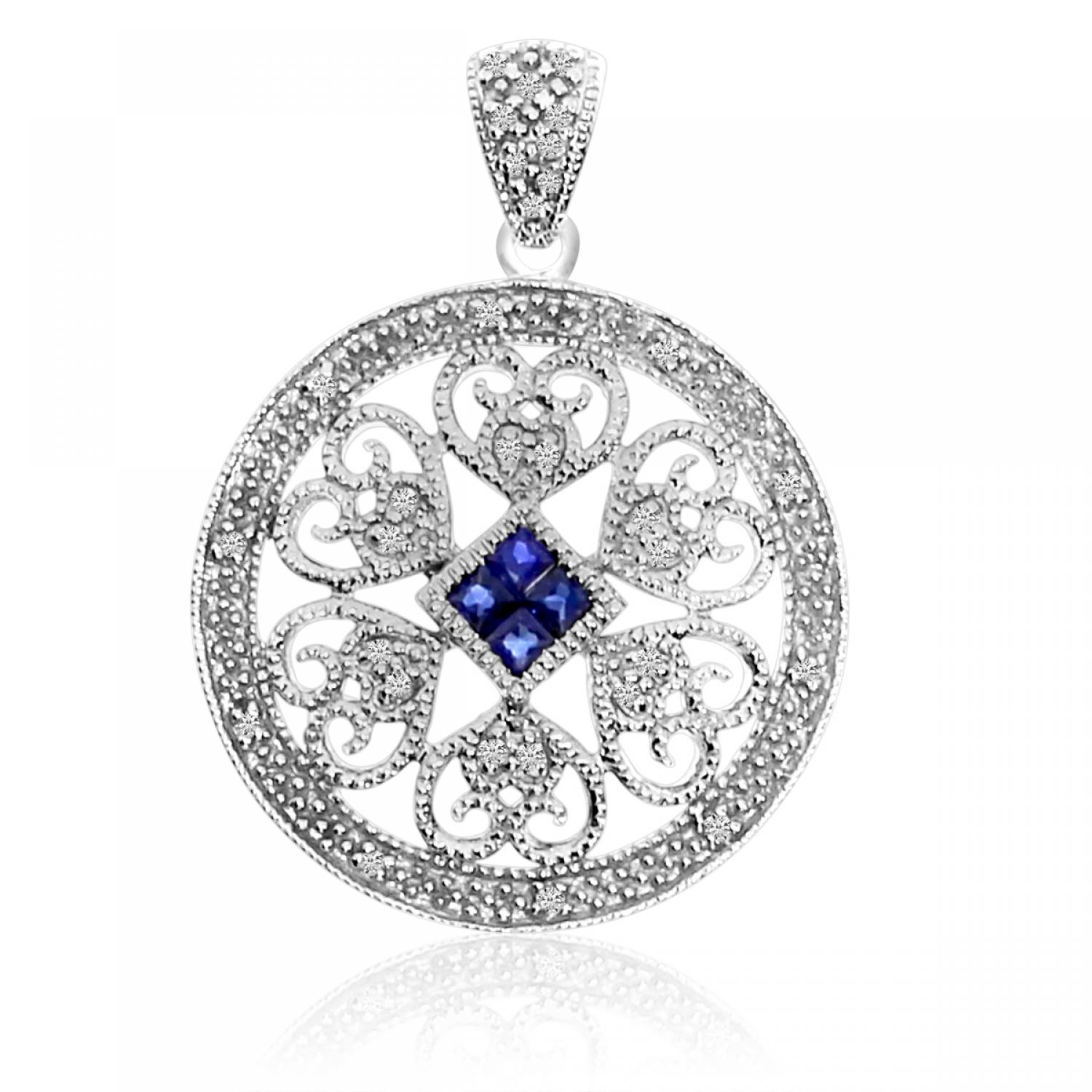 14K White Gold Precious Sapphire and Diamond Round Filigree Pendant