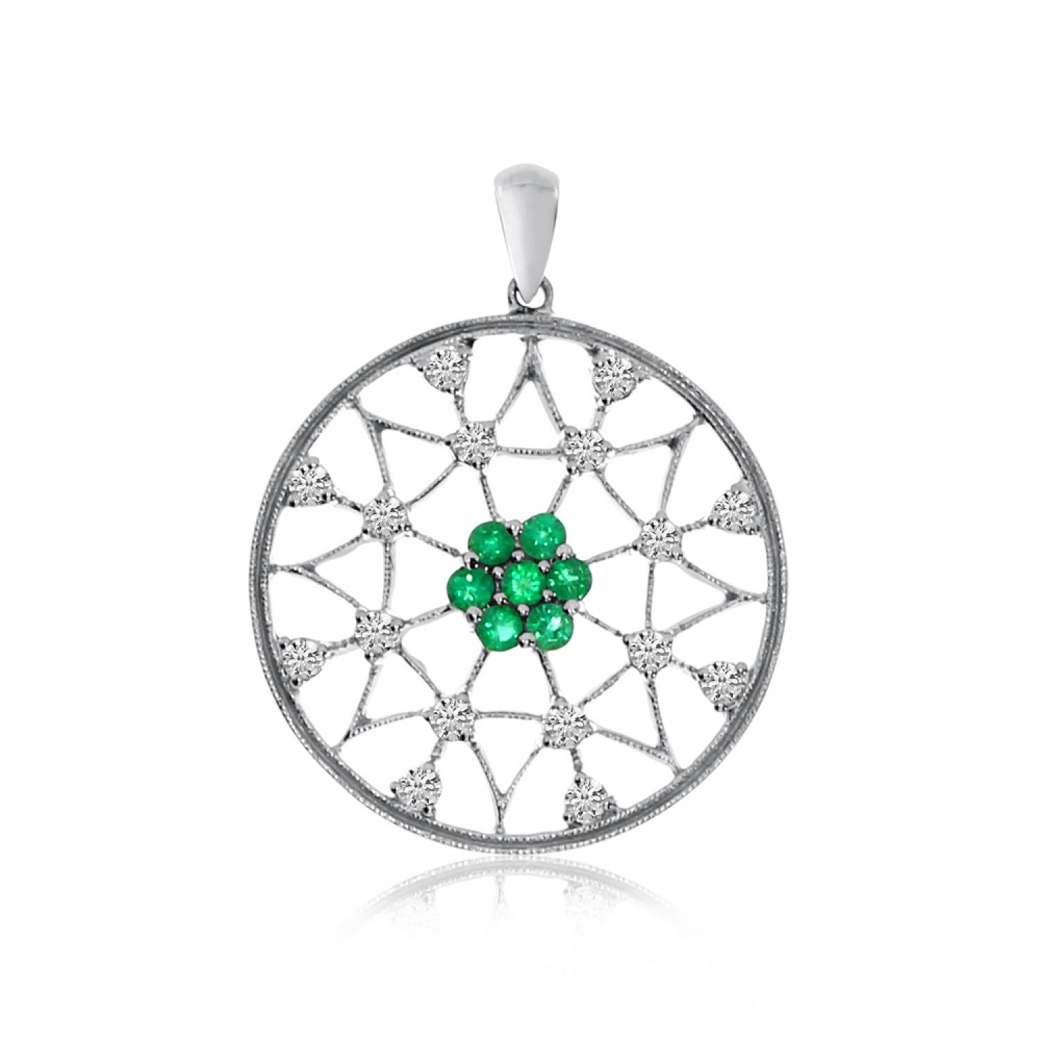 14K White Gold Precious 2mm Round Emerald and Diamonds Dream Catcher Pendant
