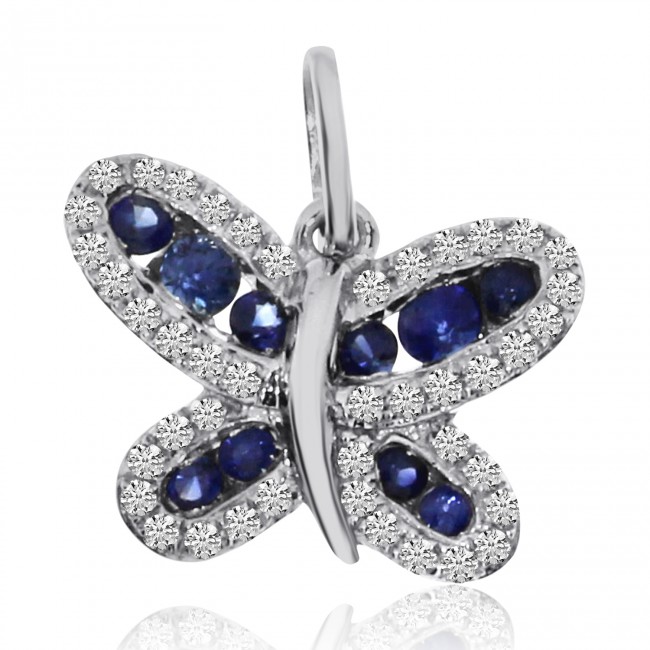 14K White Gold Precious Round Sapphire and Diamonds Butterfly Pendant